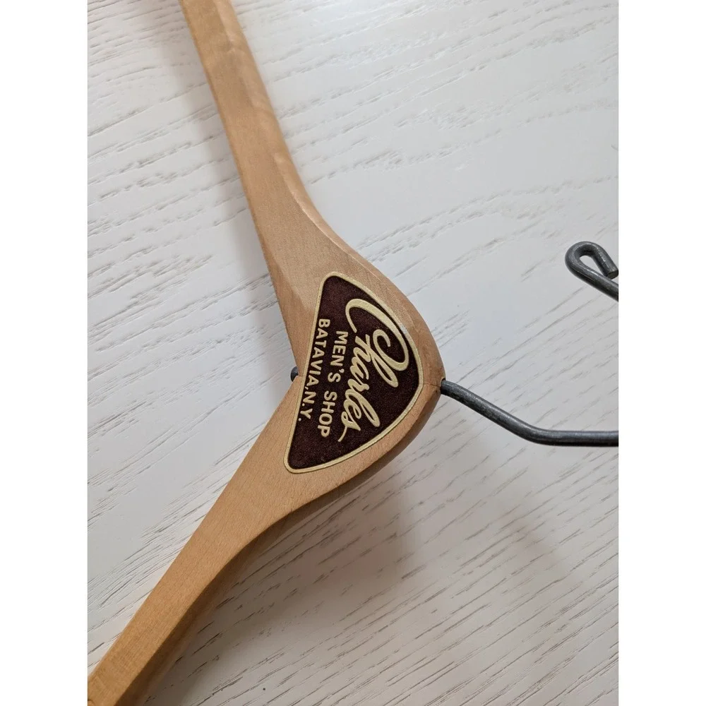 Vintage Advertising Wooden Wood Clothes Hanger, Charles Mens Shop, Batavia,‎ NY